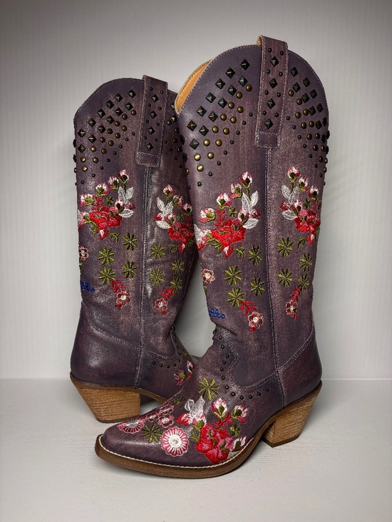 Dingo Shoes - Dingo Lavender Floral Embroidered Leather Cowboy Boots Studded Western Size 6